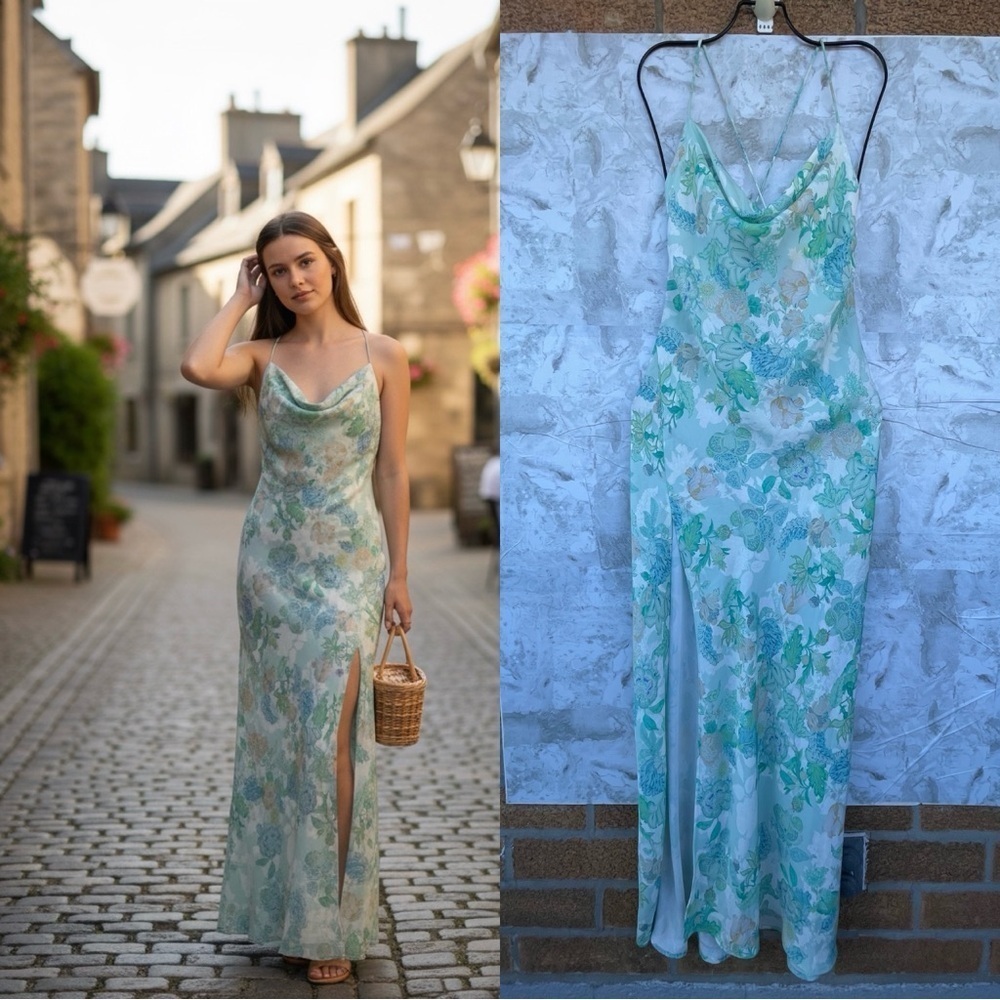 RESA River Dress Blue green Floral Maxi Long Open Back Straps satin size large